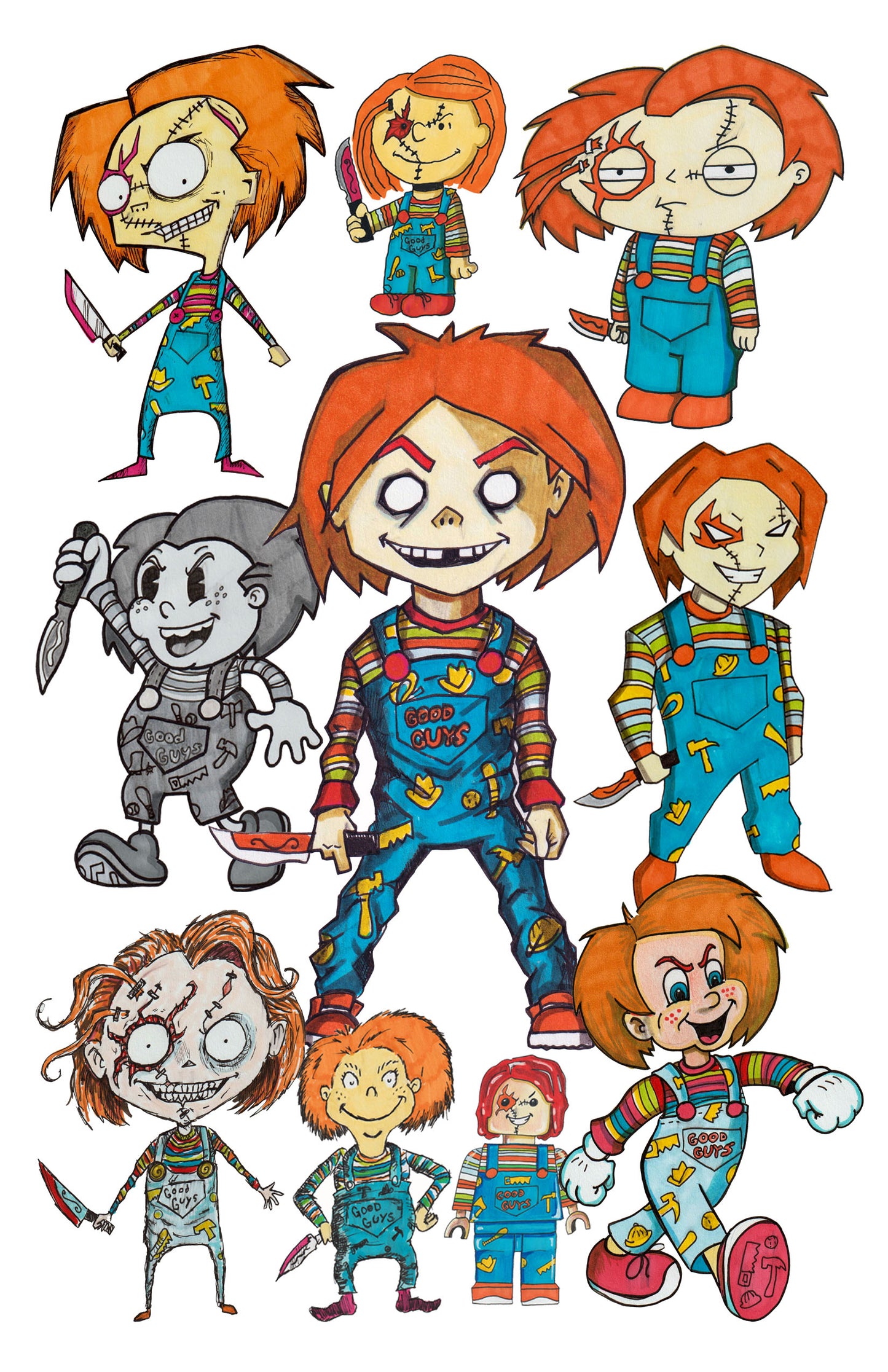 Chucky in 10 Different Animation Styles - 11"x17" Collage Art Print
