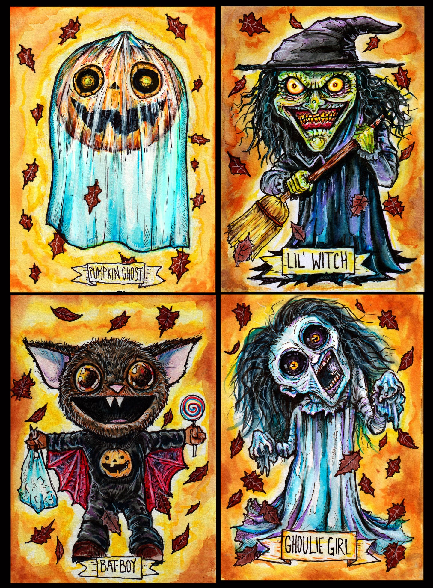 The Halloweenies - Set of 4 PRINTS! 5"x7" Prints