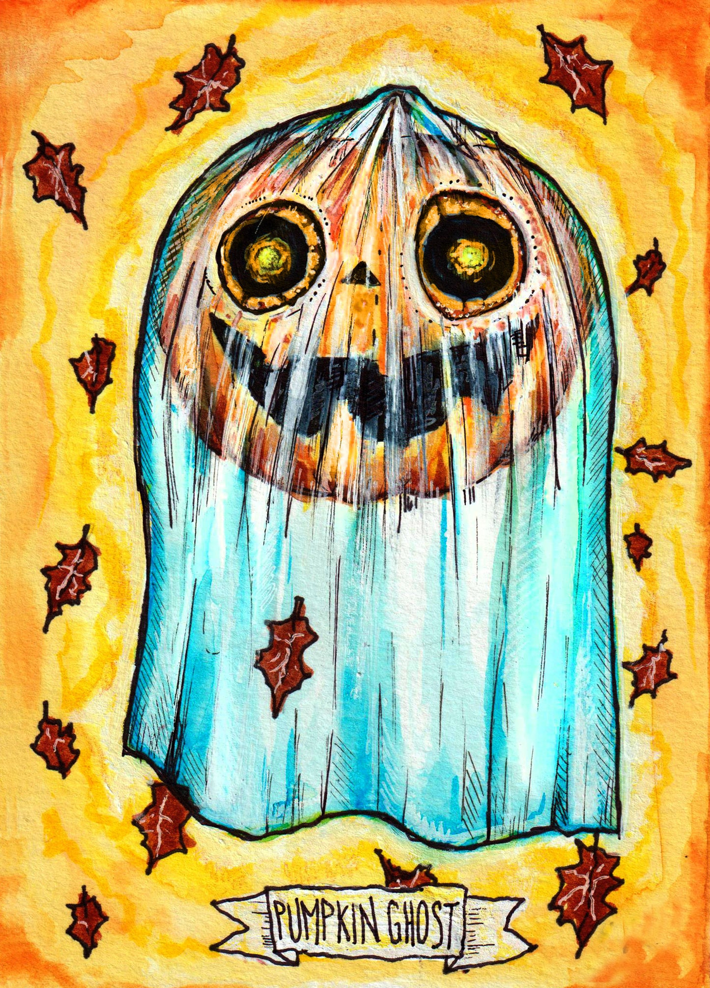 Halloweenies - Pumpkin Ghost - 5" x 7" Original Watercolor Painting