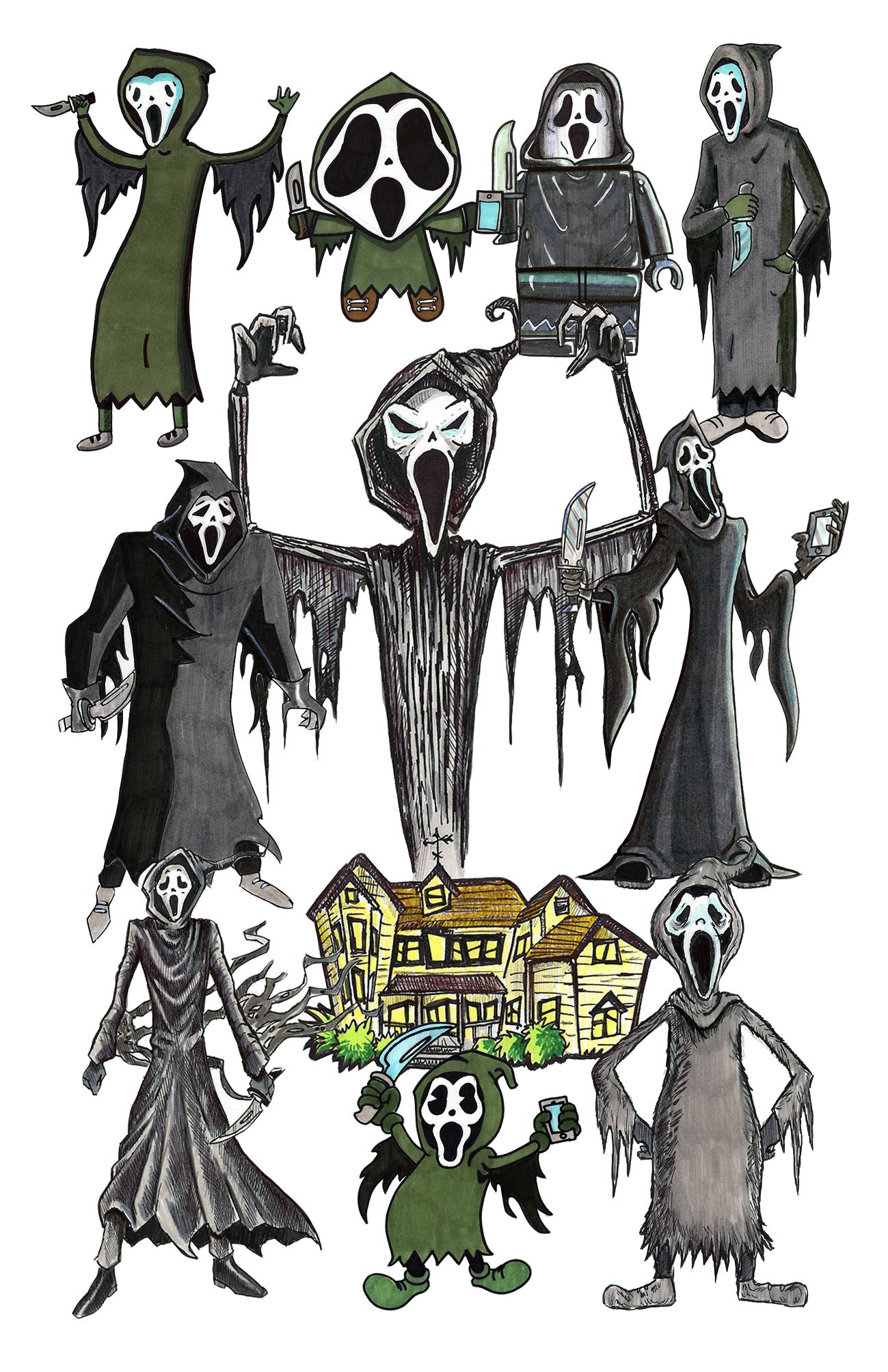 GhostFace from SCREAM in 10 Different Animation Styles - 11"x17" Collage Art Print