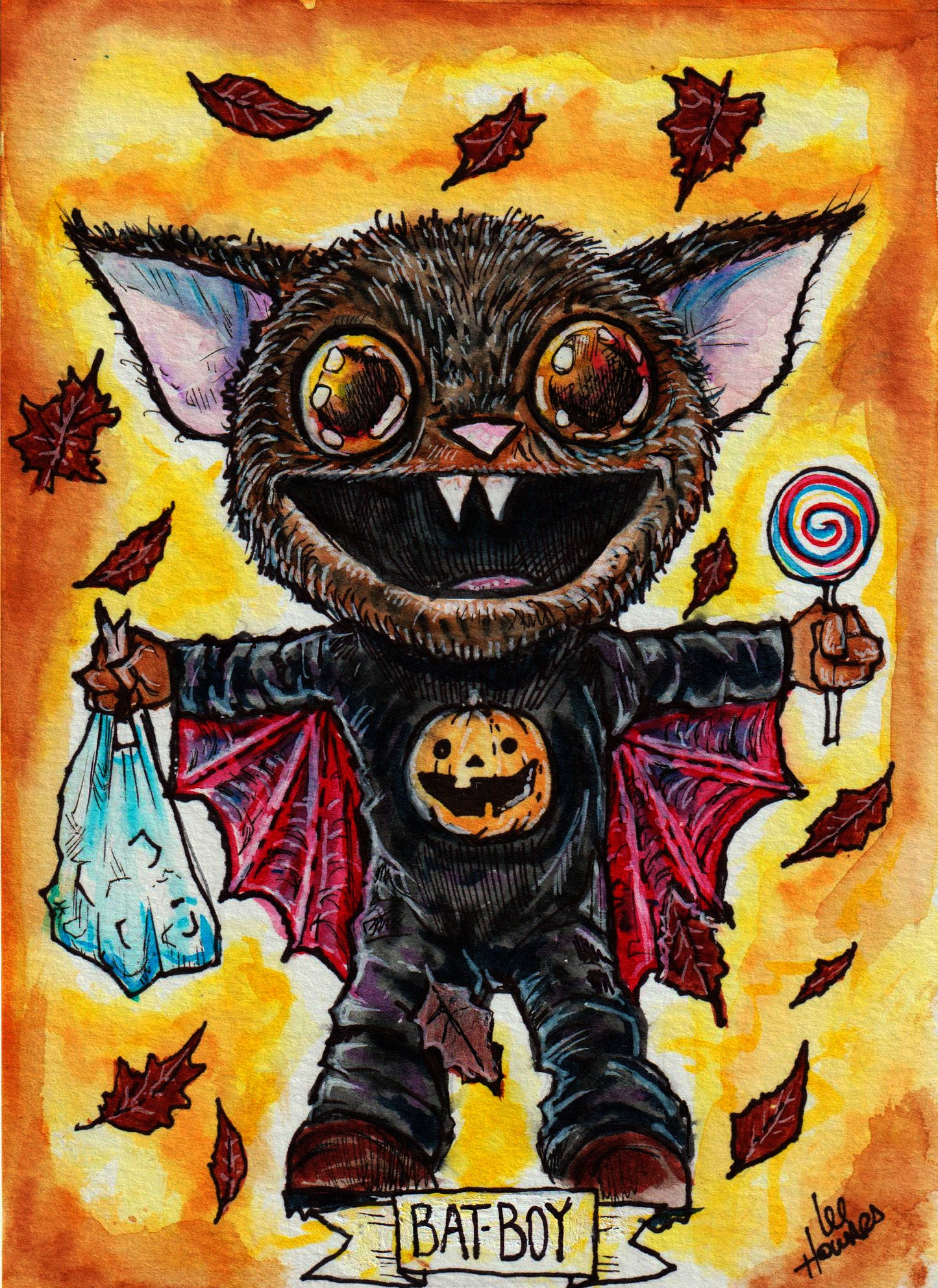 Halloweenies - Bat-Boy - 5" x 7" Original Watercolor Painting