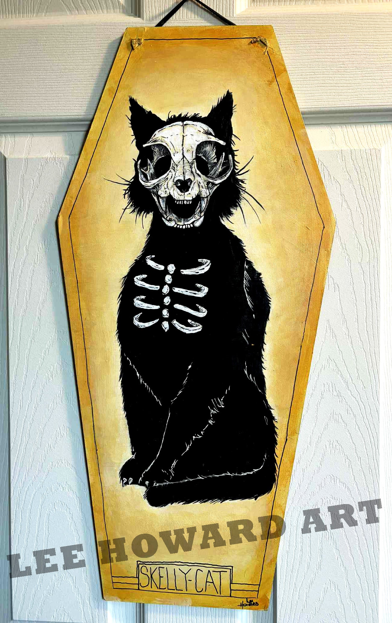 SKELETON CAT - Original 12" x 25" Acrylic COFFIN painting