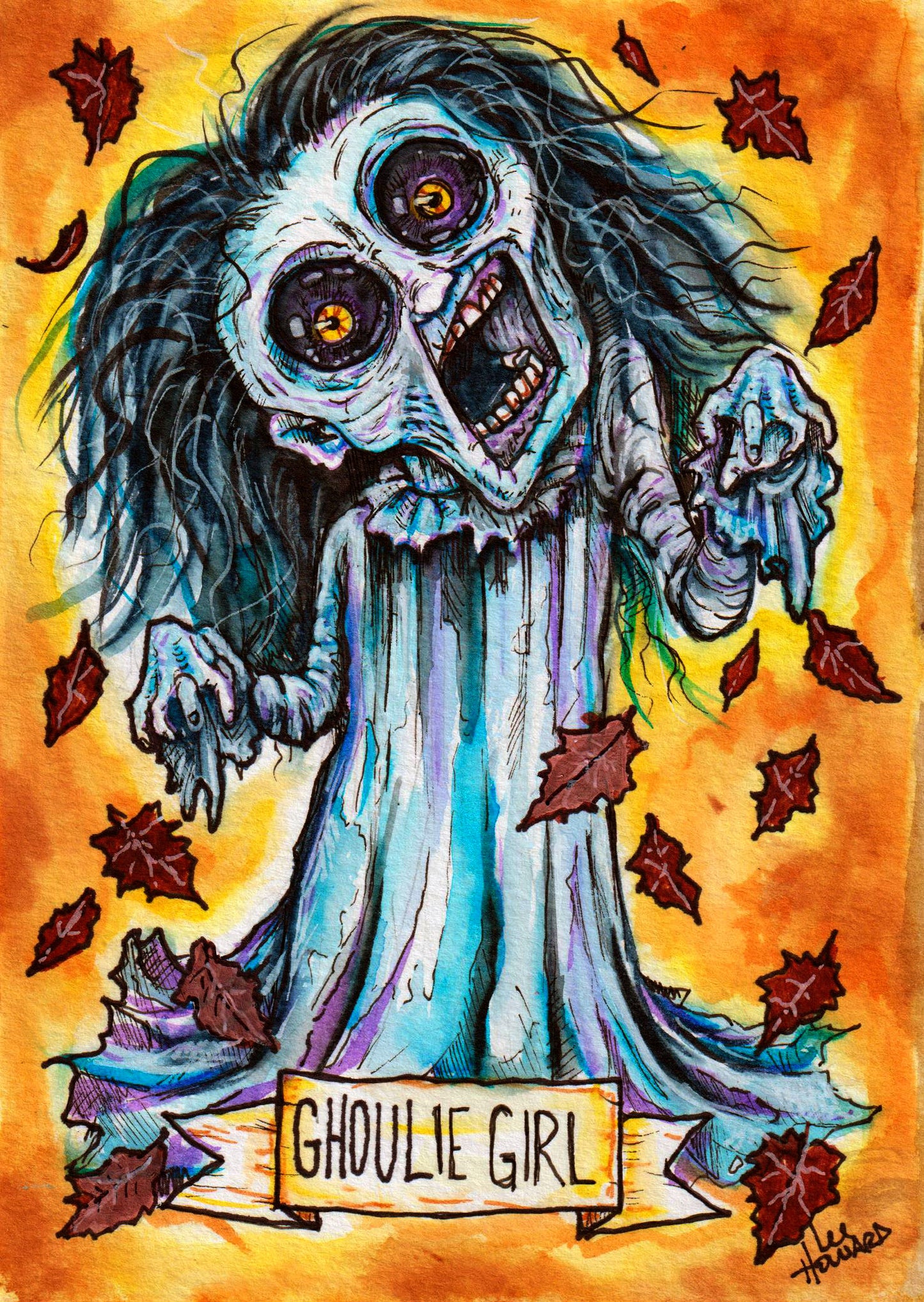 Halloweenies - Ghoulie Girl - 5" x 7" Original Watercolor Painting