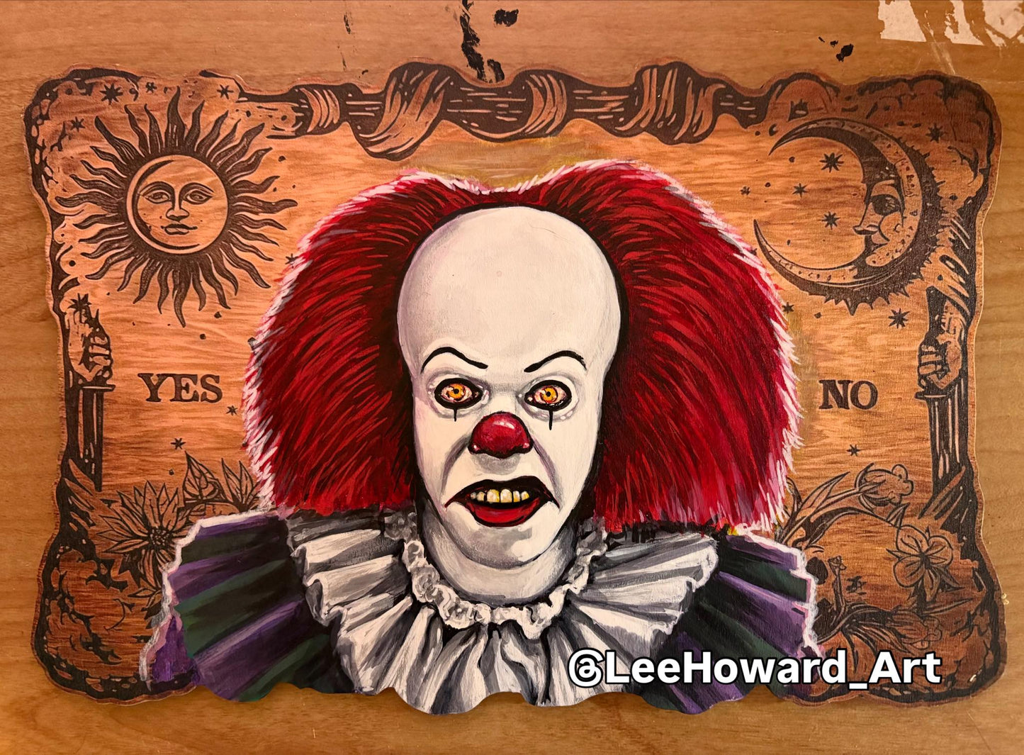 Pennywise IT - Tim Curry - ORIGINAL Painting on Wooden Ouija Board - 8" x 12"