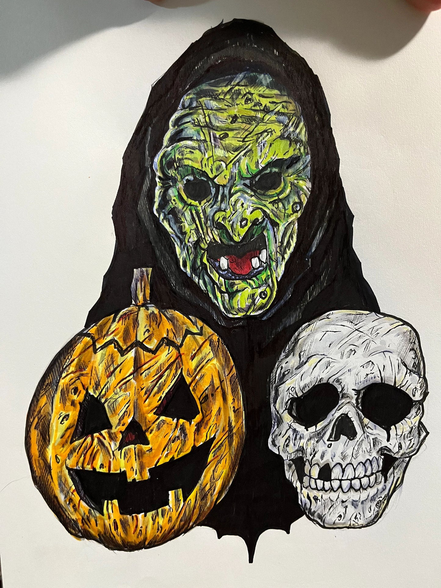 Halloween 3 Silver Shamrock Masks - Original 9" x 12" Colored Drawing