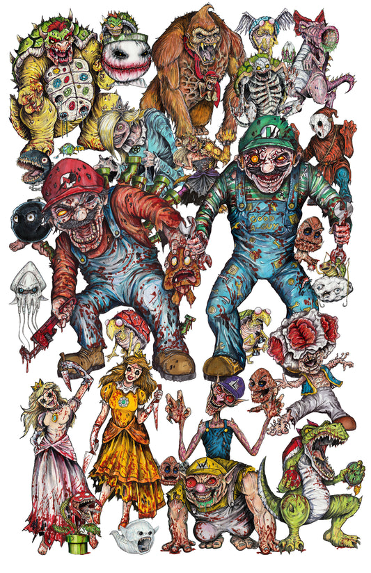 Super Mario HORROR COLLAGE - 25 Scary Characters - 11x17 PRINT/Reproduction - Signed by Artist